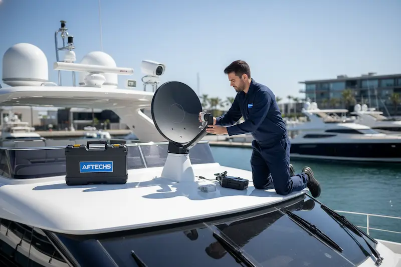 AFTECHS certified marine technician installing a Starlink satellite internet dish on the deck of a luxury yacht docked in a marina — nationwide marine connectivity service.
