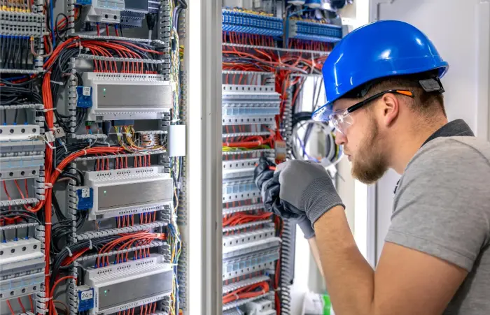 Certified technician performing network infrastructure installation with structured Cat6 cabling in commercial server rack