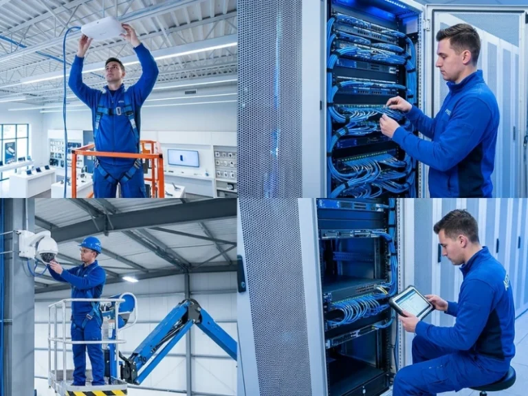 AFTECHS team of certified technicians installing large-scale commercial network cable infrastructure in a warehouse facility