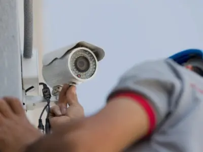 AFTECHS certified technician hand-installing an outdoor home security bullet camera — professional residential CCTV mounting and weatherproofing