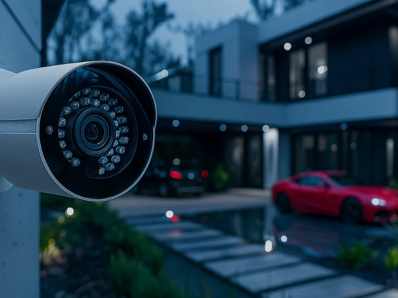 Expert AFTECHS technician-installed home security camera protecting a modern residence — advanced, insured installation services