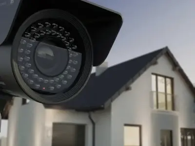 Professional, insured and certified home security camera installation by AFTECHS — outdoor bullet camera mounted on a residential property