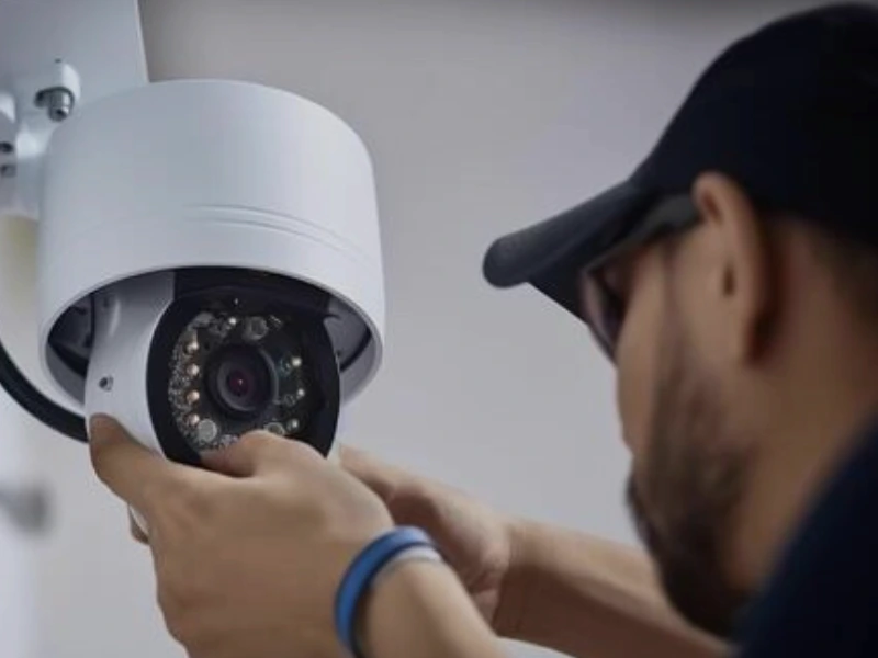 AFTECHS technician performing business CCTV installation and security camera system setup for a commercial site
